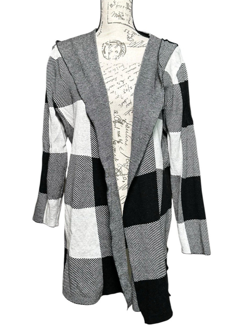 Chico's Zenergy Black White Plaid Open Hooded Midi Cardigan Size 2 US Large
